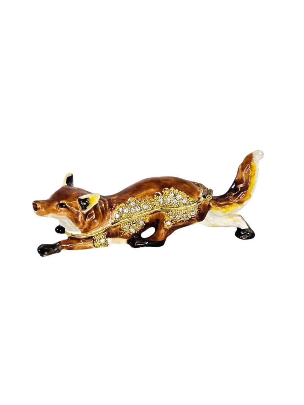Bejeweled Red Fox Metal Enameled Rhinestone Trinket Box Walking Tail Up